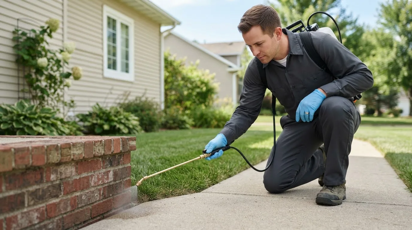 Pest control technician treating a home near Cartwright, ND