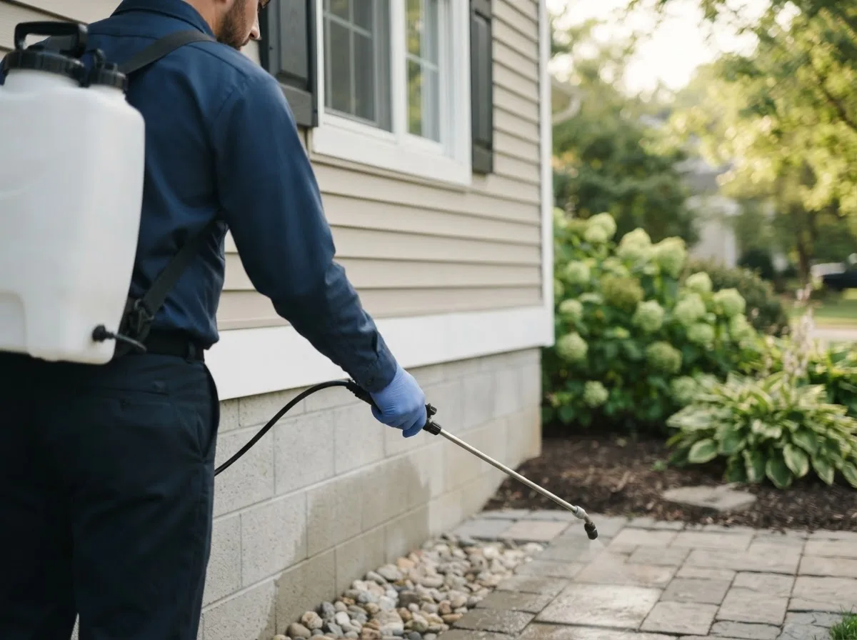 Pest control technician inspecting a home in Cartwright, ND